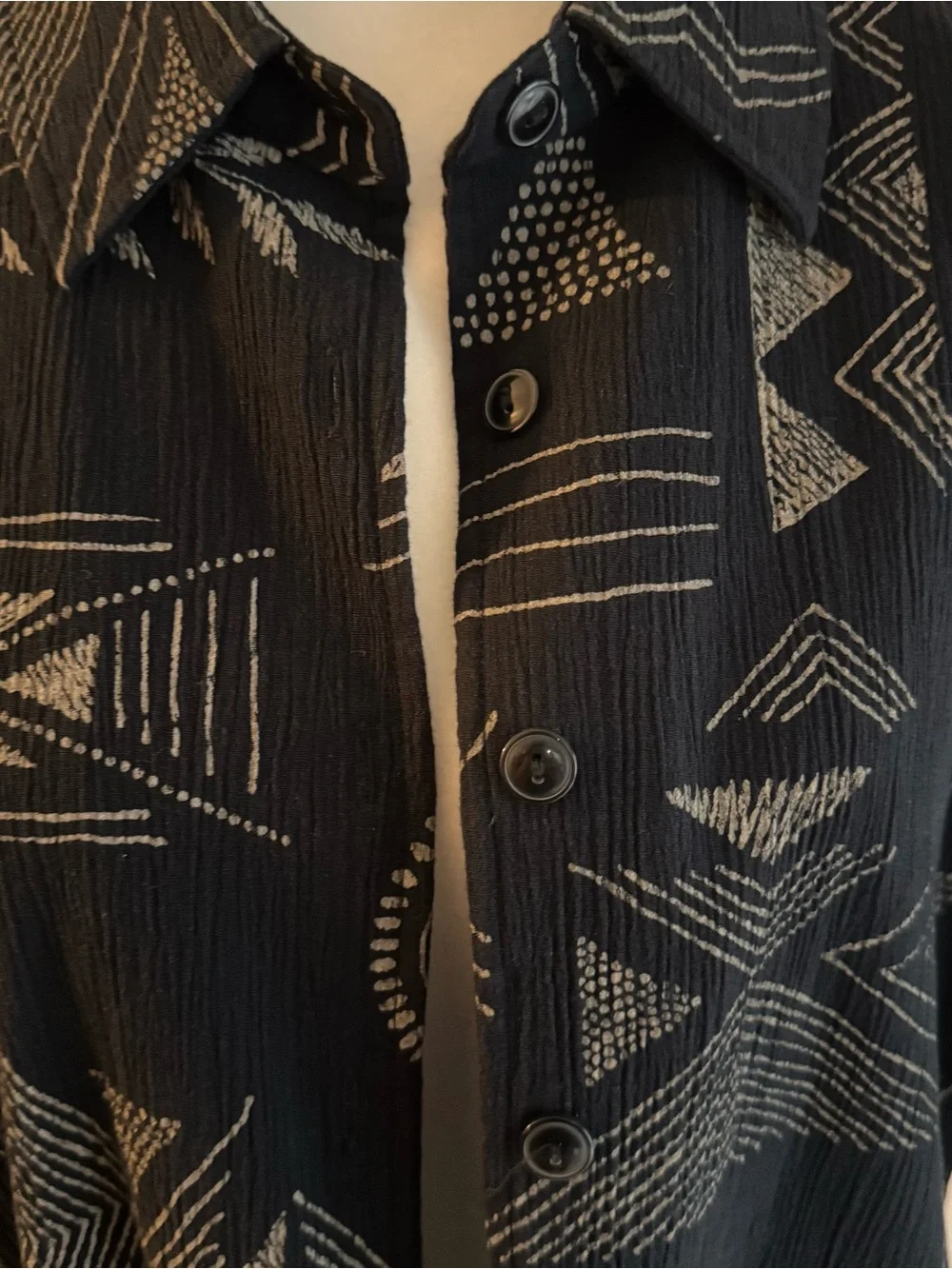 Women's Black Button-Down Shirt Jacket with Geometric Print